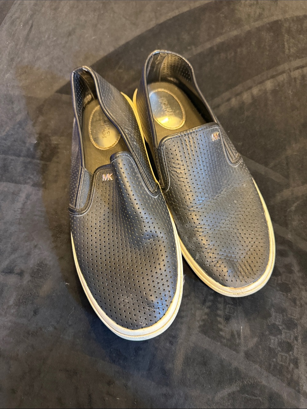 Michael Kors Black Leather Perforated Slip-On Loafers with White Trim